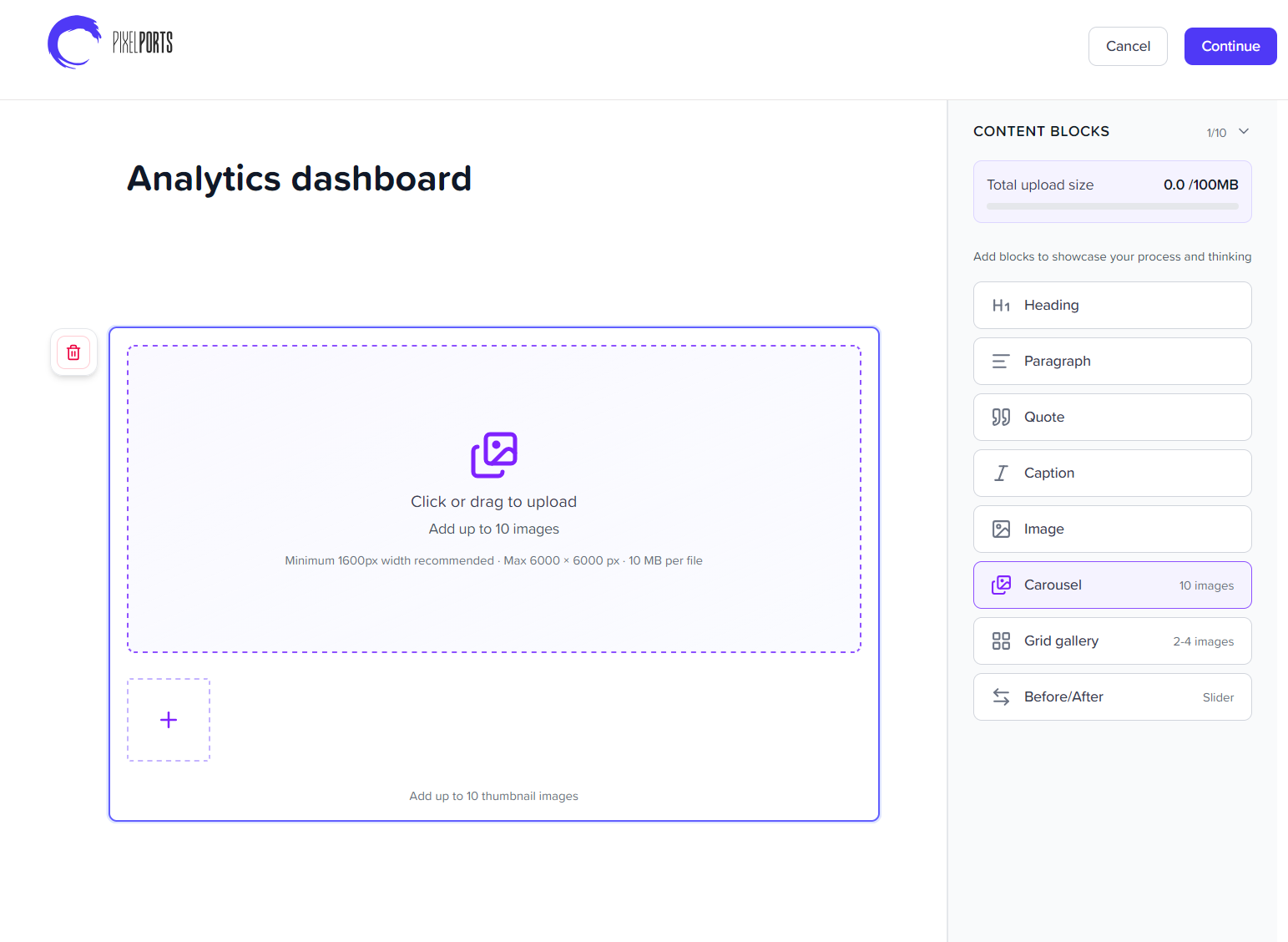 Portfolio editor showing flexible modular blocks
